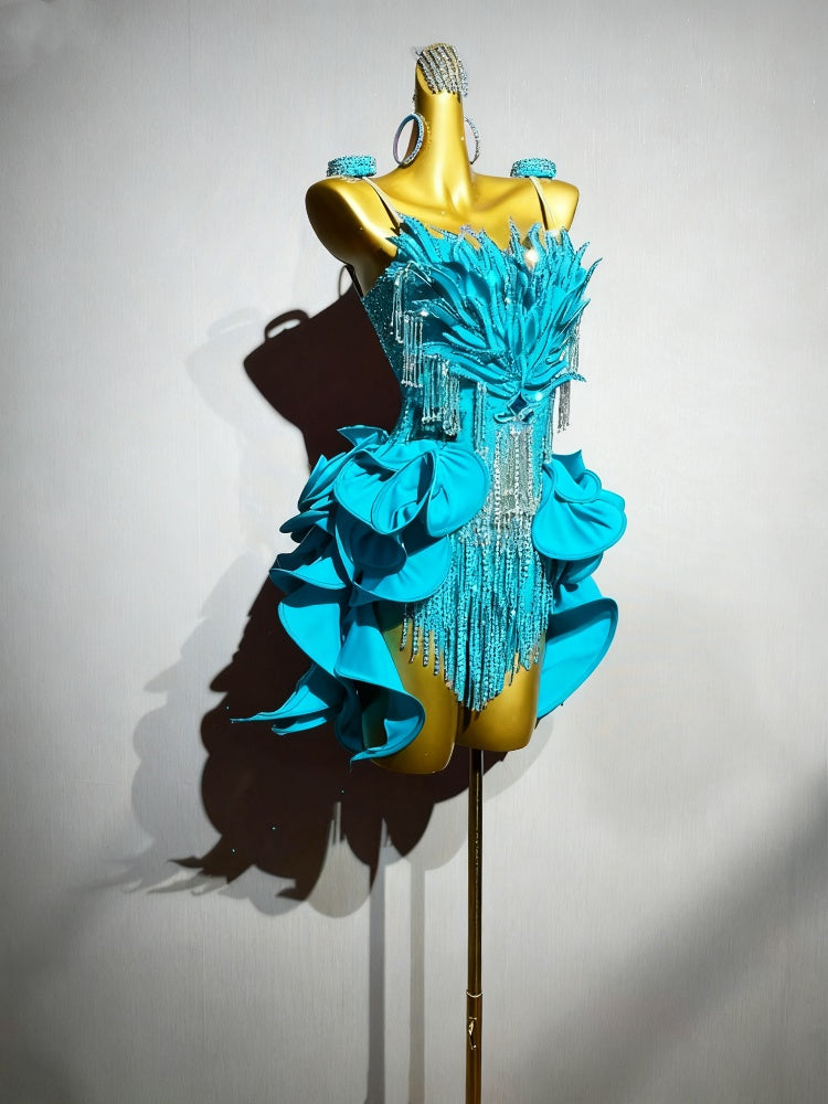 Custom Size Petals Competition Latin Dance Dresses Dark Geen Blue Salsa Rumba Chacha Blackpool Performance Costumes