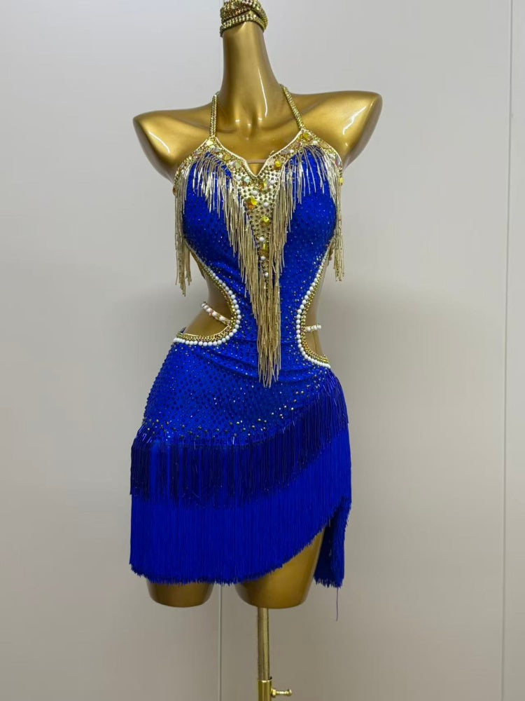 Custom Blue Orange Latin Dance Dress with Gold Fringe & Crystals