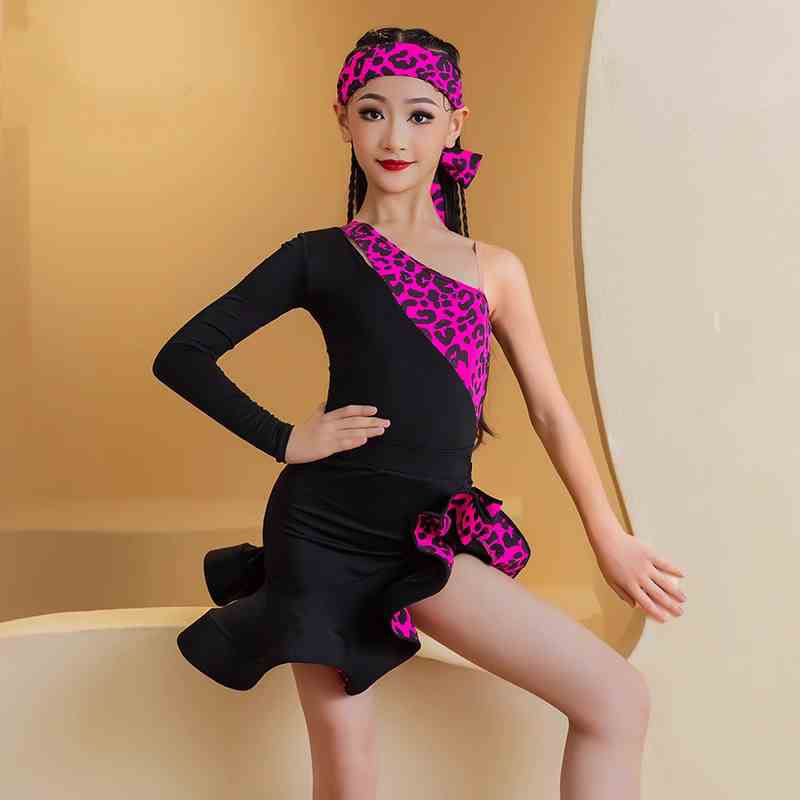 One shoulder fuchsia leopard Latin dance dresses for kids girls children slant neck long sleeves latin salsa rumba chacha performance costumes - Moderndancedress.com