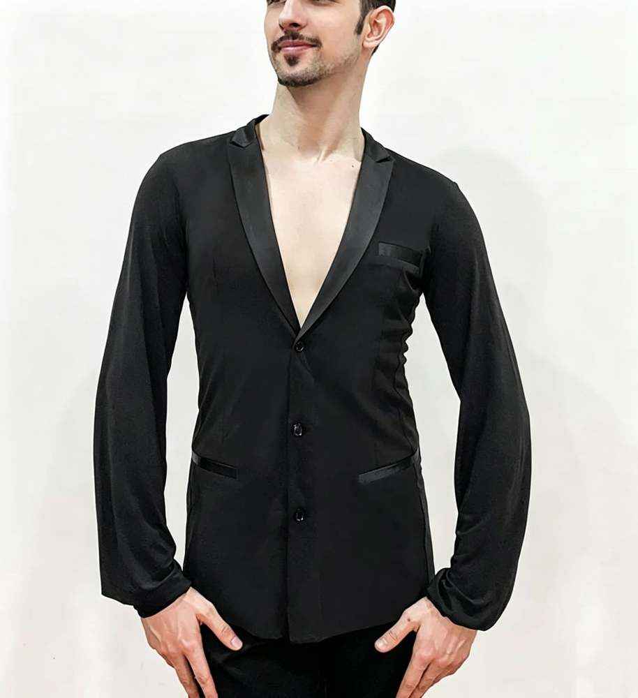 Professional Men's Black Stretchy Latin Dance Shirt with Satin Tuxedo Lapel
