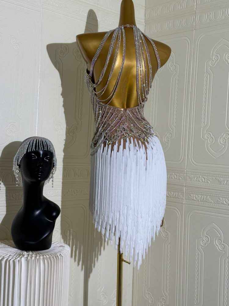 Custom Size Flesh with White Fringe Latin Dance Dress Salsa Chacha Blackpool Dance Wear