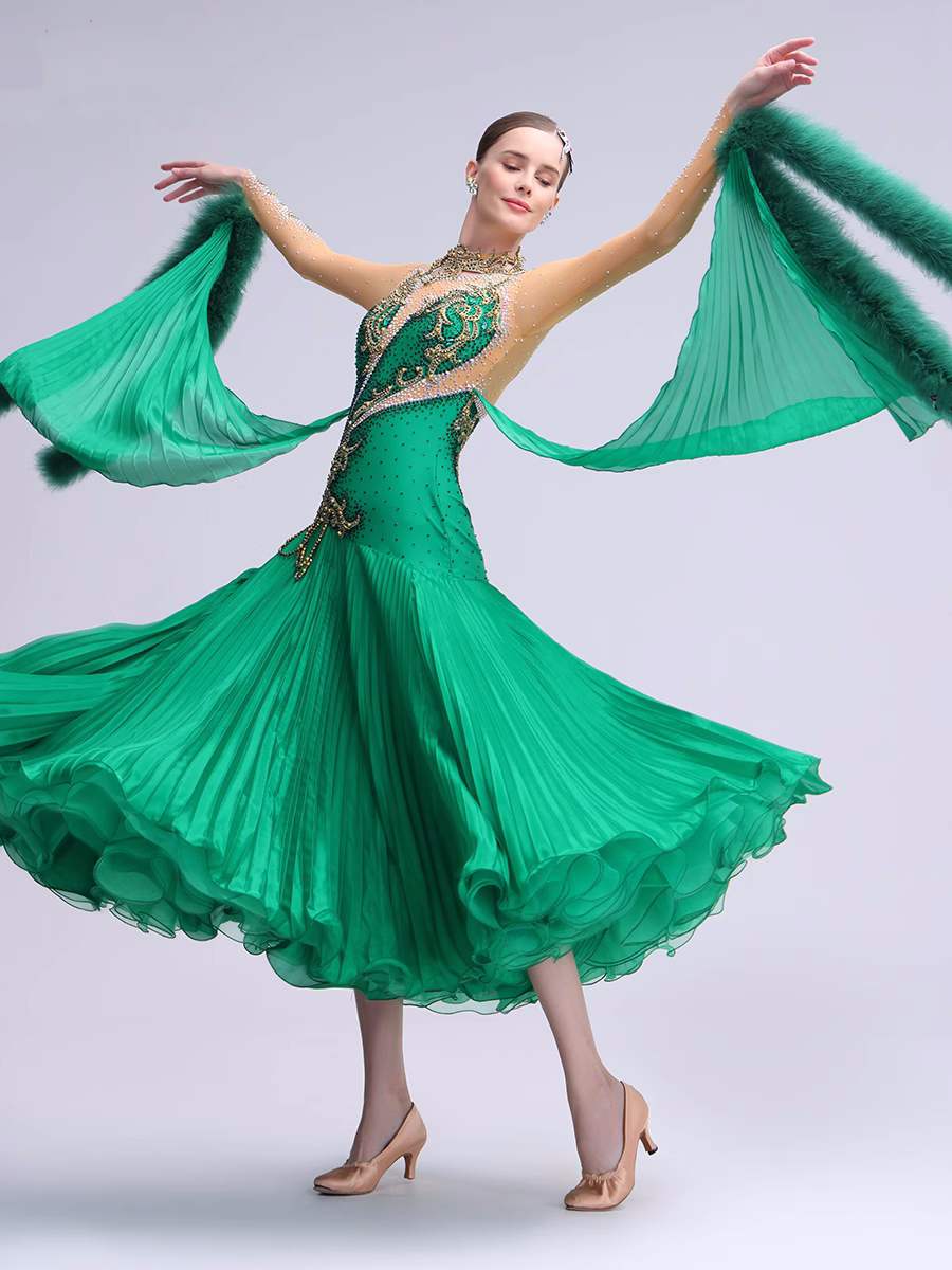 Custom Size Green Competition Ballroom Dance Dresses for Women Girls Waltz Tango Smooth Dance Long Dress - Moderndancedress.com