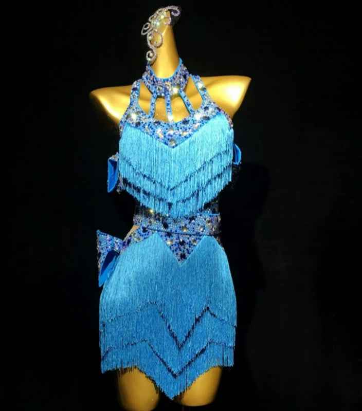 Custom Sparkly Rhinestone Latin Dance Dress | Blue Tassel Rhythm Salsa Ballroom Dancing Skirt