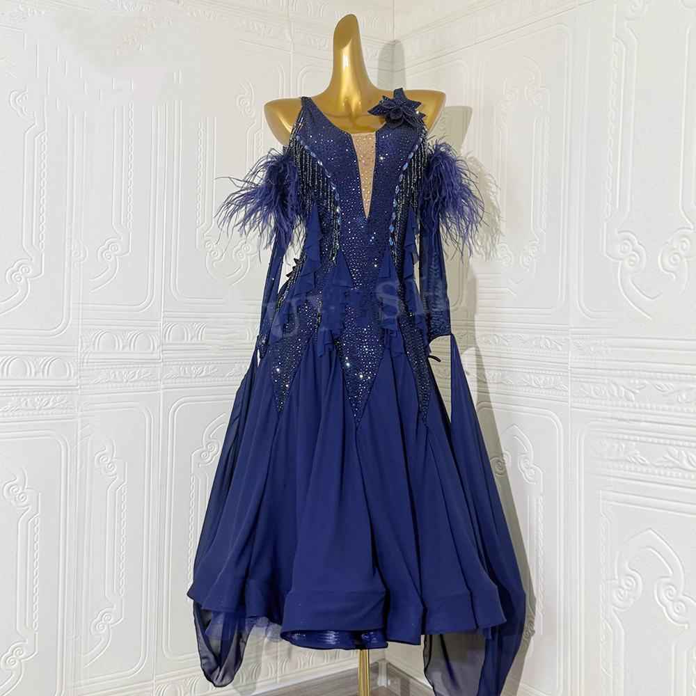 Custom Size Competition Ballroom Dance Dresses for Women Girls Navy Red Waltz Tango Flamenco Dancing Costumes