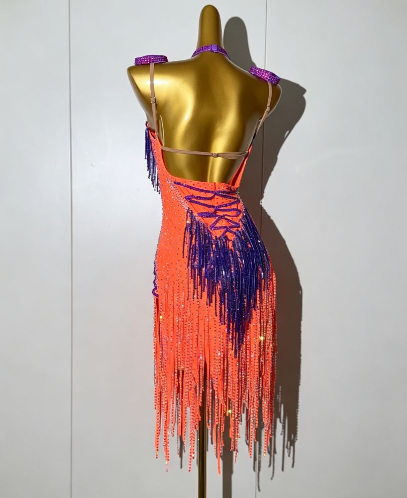 Custom Orange Competition Latin Dress with Purple Beaded Fringe & Criss-Cross Rhinestones