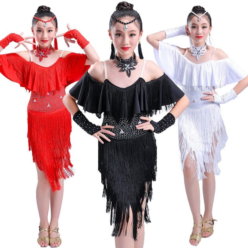 Girl bright diamond tassel Latin dance dress children's Latin competition clothing Children'sprofessional Latin dance dress - Moderndancedress.com