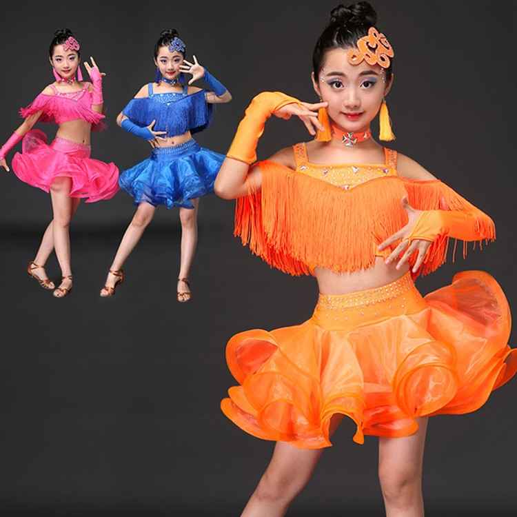 Girls competition latin dresses Pink blue purple Tassel Latin dance costumes ballroom stage performance dress birthday gift clothes - Moderndancedress.com
