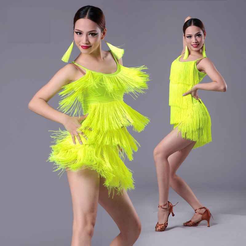 Girls Kids adult Modern Ballroom Latin Dance Dress tassel Fringe Salsa Tango Dance Wear Black Performance Stage Wear - Moderndancedress.com