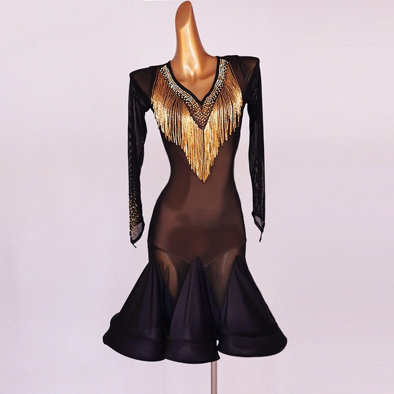 Gold diamond tassels competition Latin dance dress for women girls black red Professional latin dance costumes Lombard chacha dance dress - Moderndancedress.com