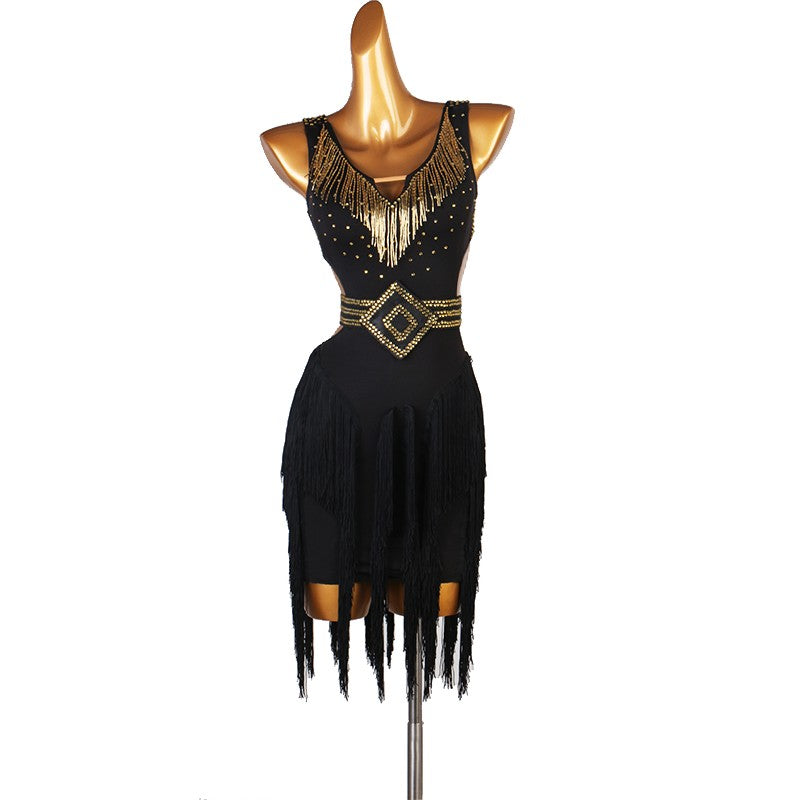 Gold rhinestones competition latin dance dresses for female abito nero da competizione nero - Moderndancedress.com