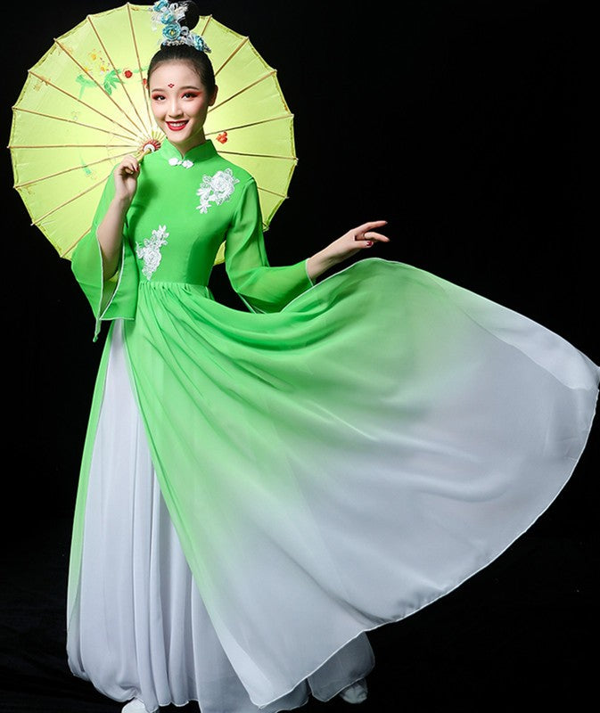 Green color hanfu Chinese folk Classical dance costume chorus performance wear female traditional yangko Fan dance umbrella dance fairy dresses - Moderndancedress.com
