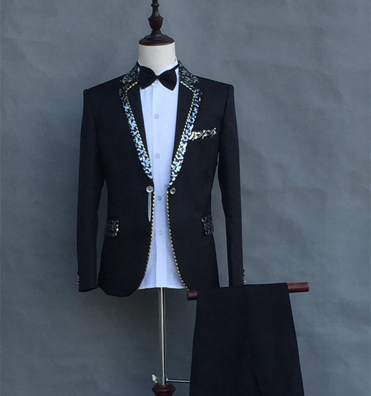 (Jacket+pants) Formal Male slim suits Wedding Groom Party Dress Host singer stage performance Costumes White Sequins Blazer sets - Moderndancedress.com