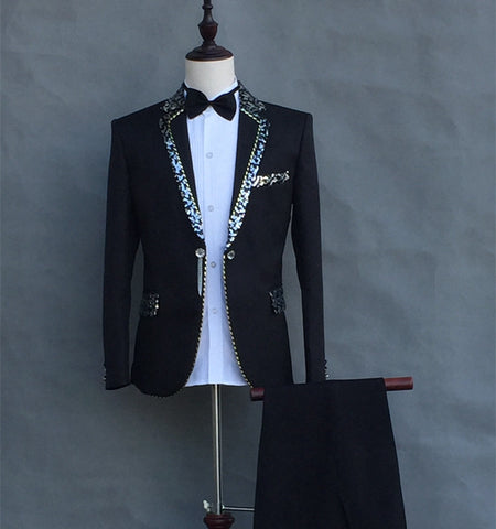 (Jacket+pants) Formal Male slim suits Wedding Groom Party Dress Host singer stage performance Costumes White Sequins Blazer sets - Moderndancedress.com