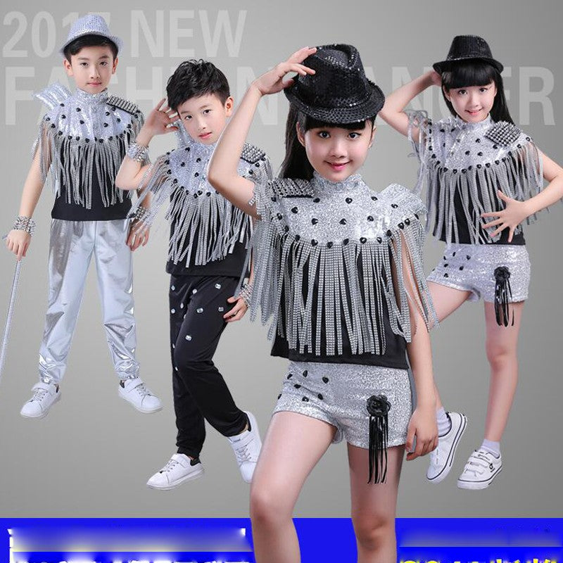kids Modern Jazz Tassels dancing Costumes Sequined Girls short Sleeve Clothing Ballroom Hip Hop Stage Dancewear Outfits - 
