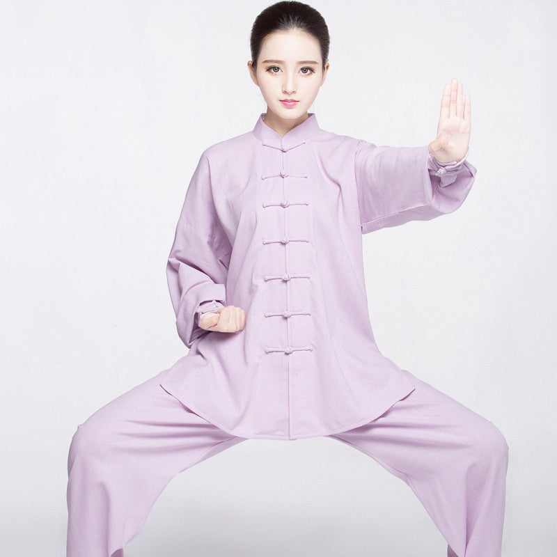 Light purple blue Tai chi Clothes for women and men linen martial art uniforms wushu tai ji quan stage performance clothing chinese kung fu morning fitness clothes