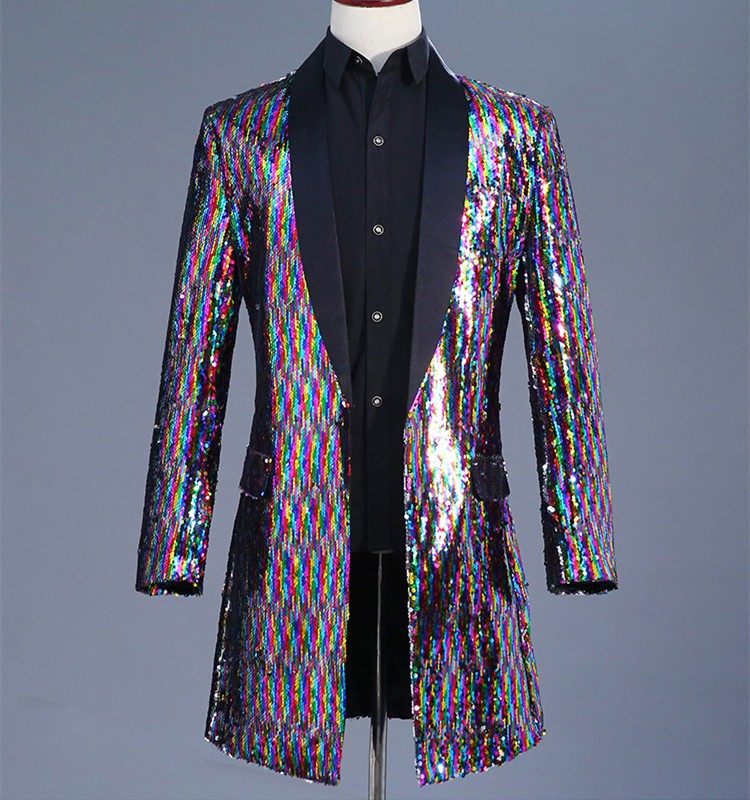 Men's Long color sequined trench coat Colorful red sequins DJ singer costume Colored sequin costume Men's Jazz Dance Costumes