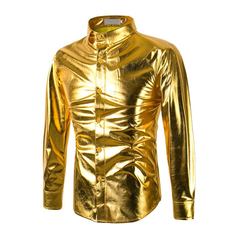 Metallic glossy shirt silver gold shirt men's long sleeve flash bar nightclub annual performance show clothing tide - Moderndancedress.com