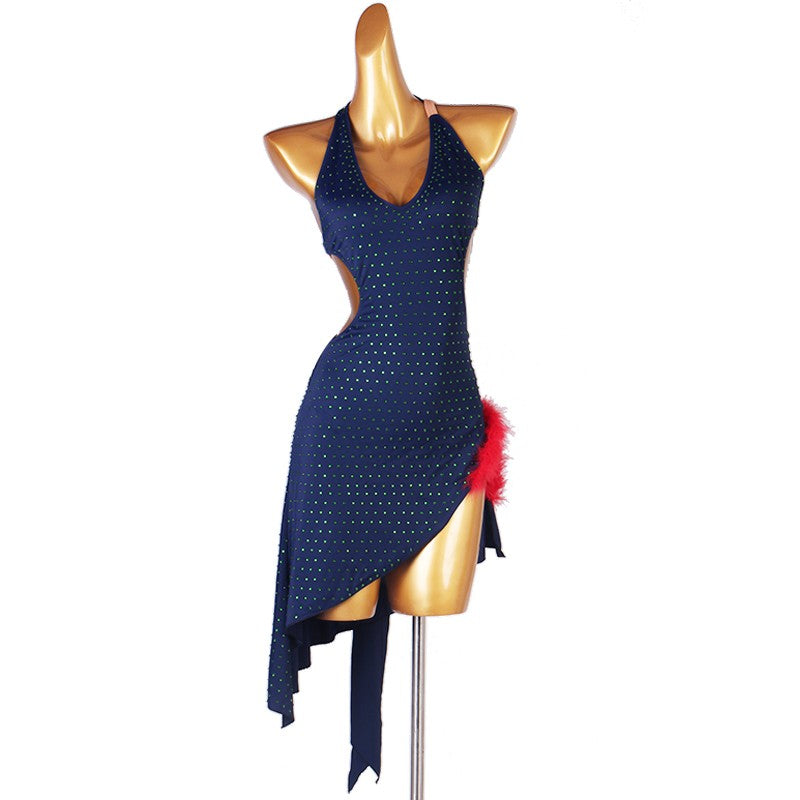 Navy Blue Rhinestones Irregular skirt Competition Latin Dance Dress For Women Modern Dance Feather Bling Flash Latin Rumba Chacha Dance Wear - Moderndancedress.com