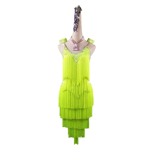 Neon green Latin dance tassel dress competition dance costume for women robe latine