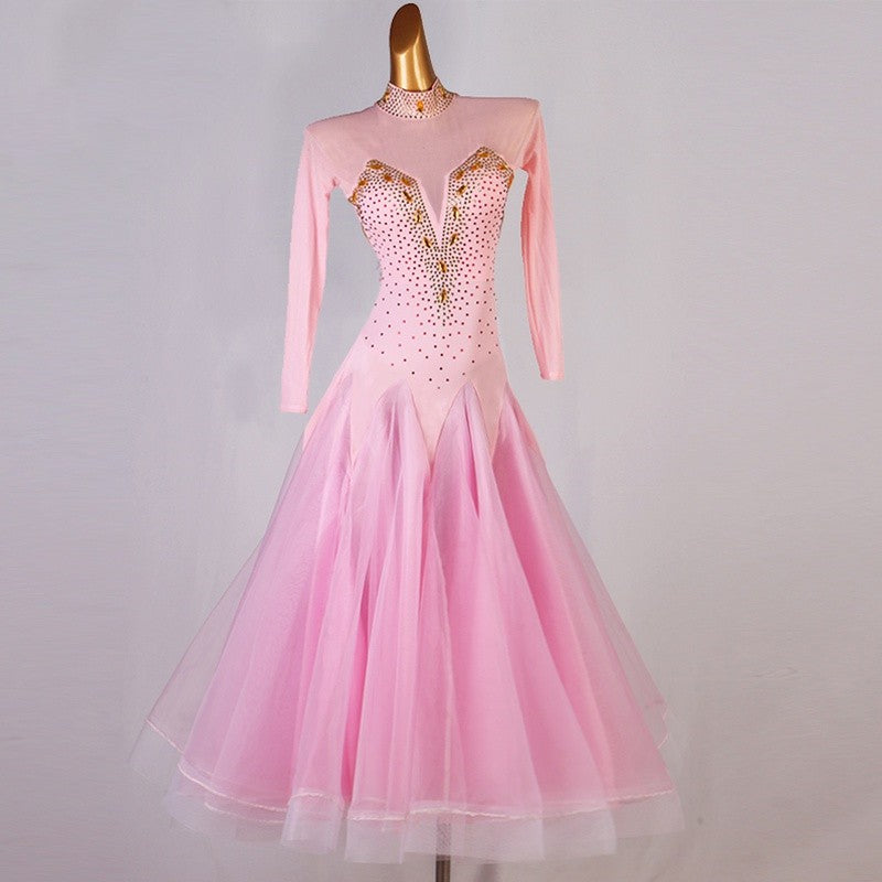 Pink Diamond competition ballroom dance dress for women girls long sleeves ballroom dancing costumes foxtrot tango waltz dance dress