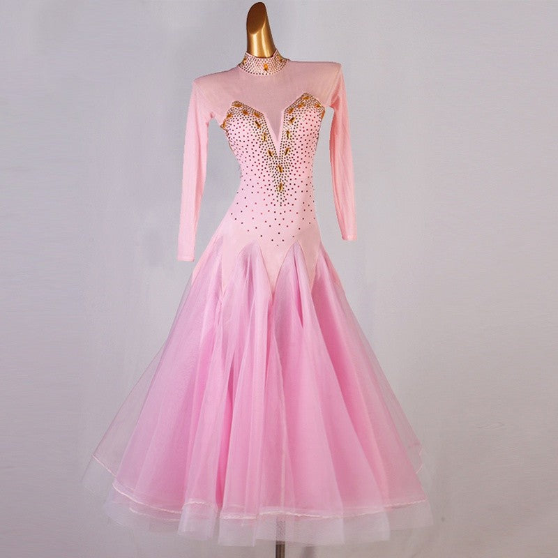 Pink Diamond competition ballroom dance dress for women girls long sleeves ballroom dancing costumes foxtrot tango waltz dance dress - Moderndancedress.com