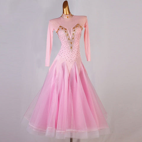 Pink Diamond competition ballroom dance dress for women girls long sleeves ballroom dancing costumes foxtrot tango waltz dance dress - Moderndancedress.com