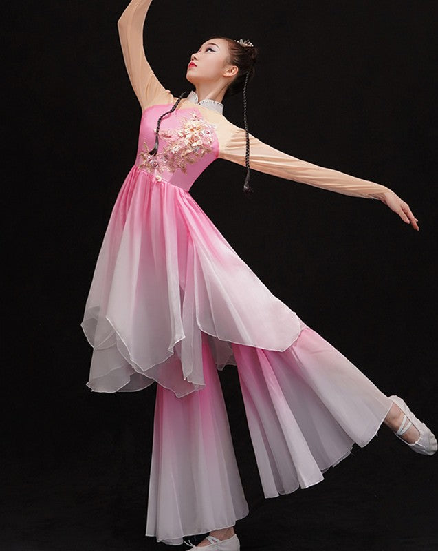 Pink gradient chinese Classical dance clothes female fan umbrella dance performance dresses Yangko dance costumes Modern solo dance wear - Moderndancedress.com