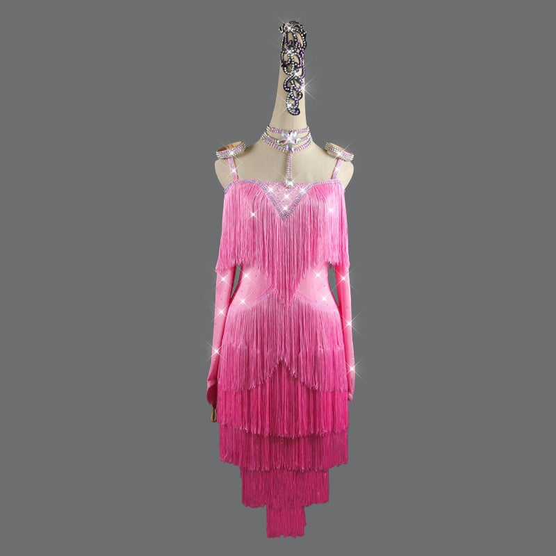 Pink tassel competition  Latin dance rhinestones dress for women robe de danse latine rose pour femme - Moderndancedress.com