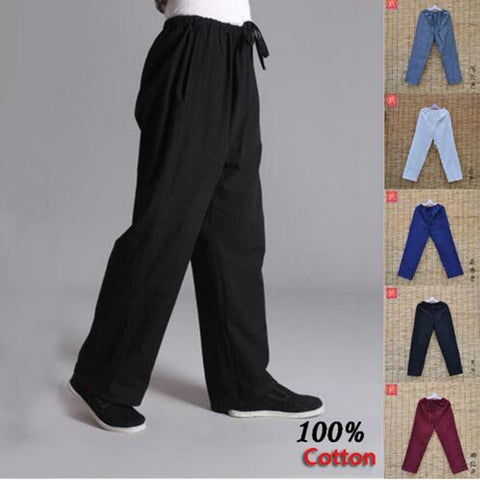 Pure cotton kung fu sports pants practise old-coarse male tang-suit breathable trousers Chinese traditiona tai chi leisure pants.