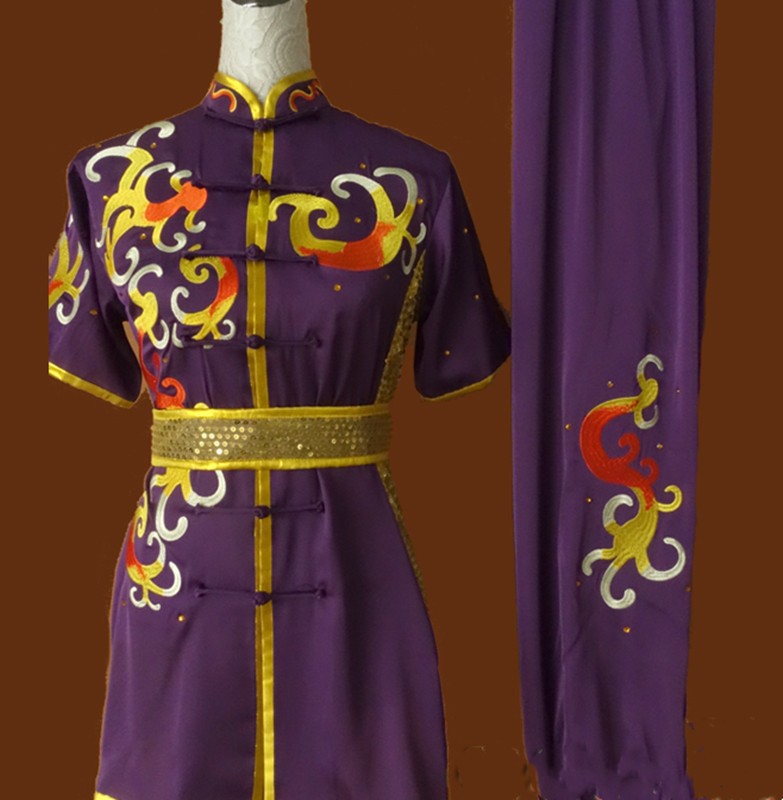 Purple embroidery martial arts competition suits for men women long boxing suits Nanquan tai chi kungfu team performance suits - Moderndancedress.com
