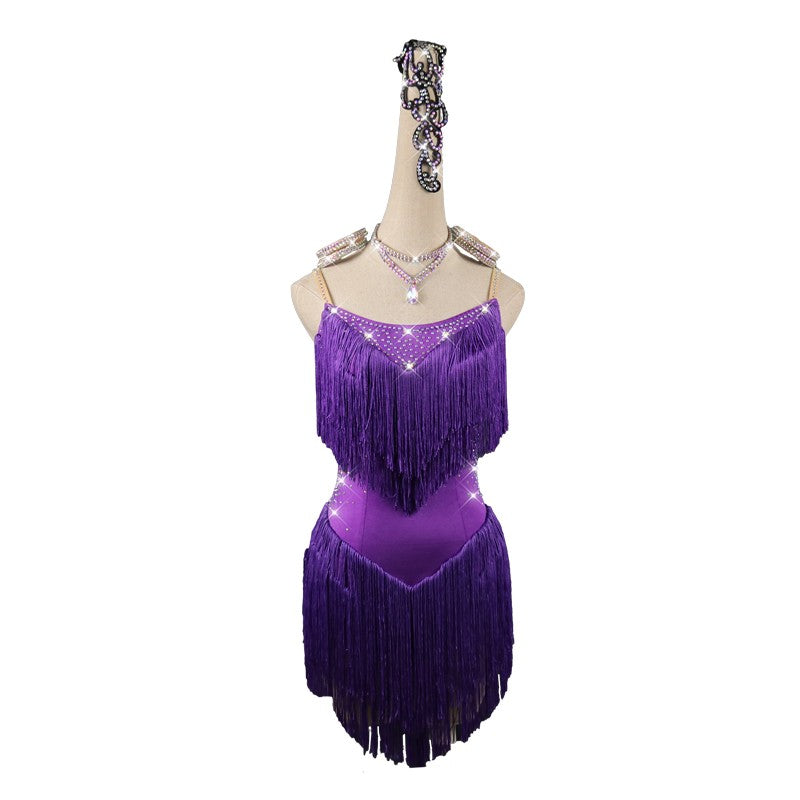 Purple fringes competition latin dresses for women salsa chacha dance dress robe latine pour femme - Moderndancedress.com
