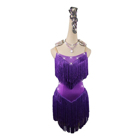 Purple fringes competition latin dresses for women salsa chacha dance dress robe latine pour femme - Moderndancedress.com