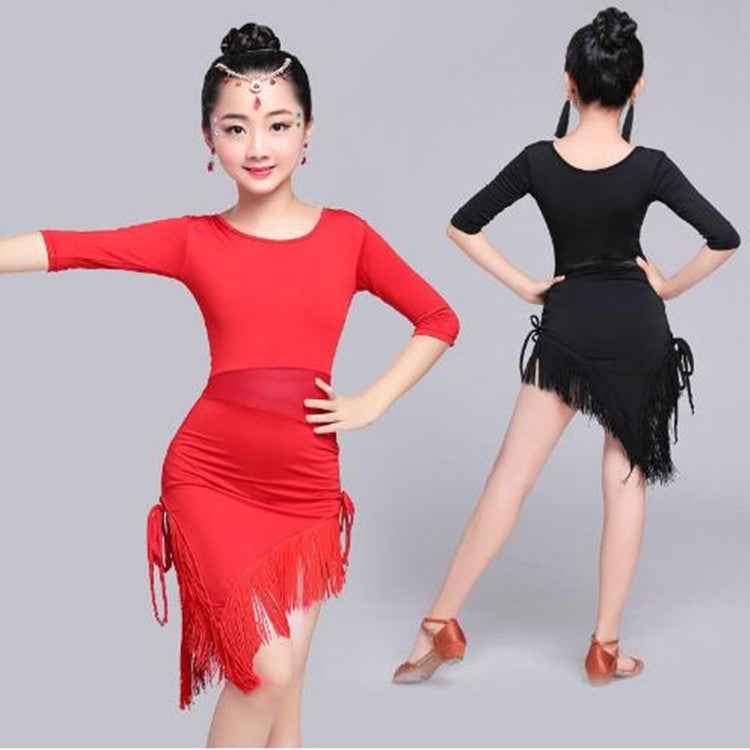 Red Black Half Sleeve Latin Dance Dress Children Girls Salsa/Tango Fringe Dance Costumes Mesh Waist Performance Dress Sexy - Moderndancedress.com