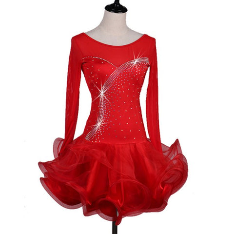 Red long sleeves ruffles skirts women's ladies rhinestones competition professional latin salsa rumba dance dresses.