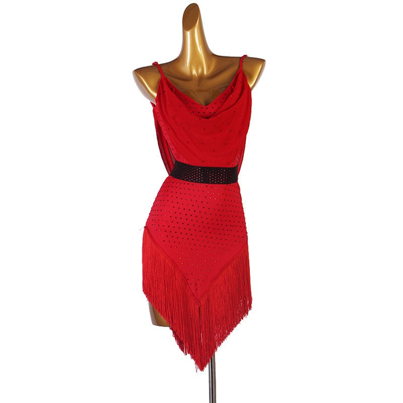 Red rhinestones tassels competition latin dance dress for women girls rumba chacha salsa dance costumes modern dance latin dance outfits - Moderndancedress.com