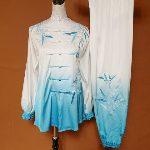 Tai Chi Martial art wushu competition clothing White blue gradient embroidery bamboo Tai Chi clothing team performance clothes men women - Moderndancedress.com