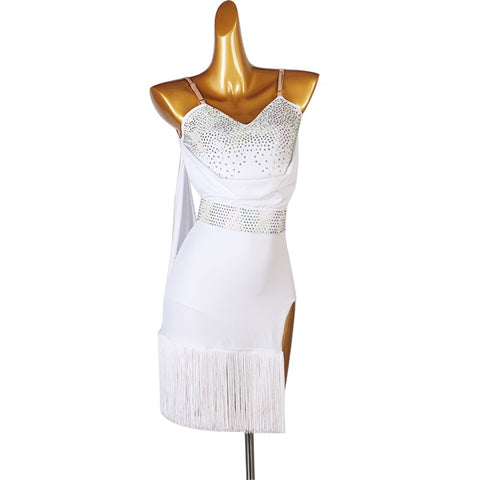 White diamond tassels competition latin dance dress for women girls modern dance salsa rumba chacha dance costumes - Moderndancedress.com