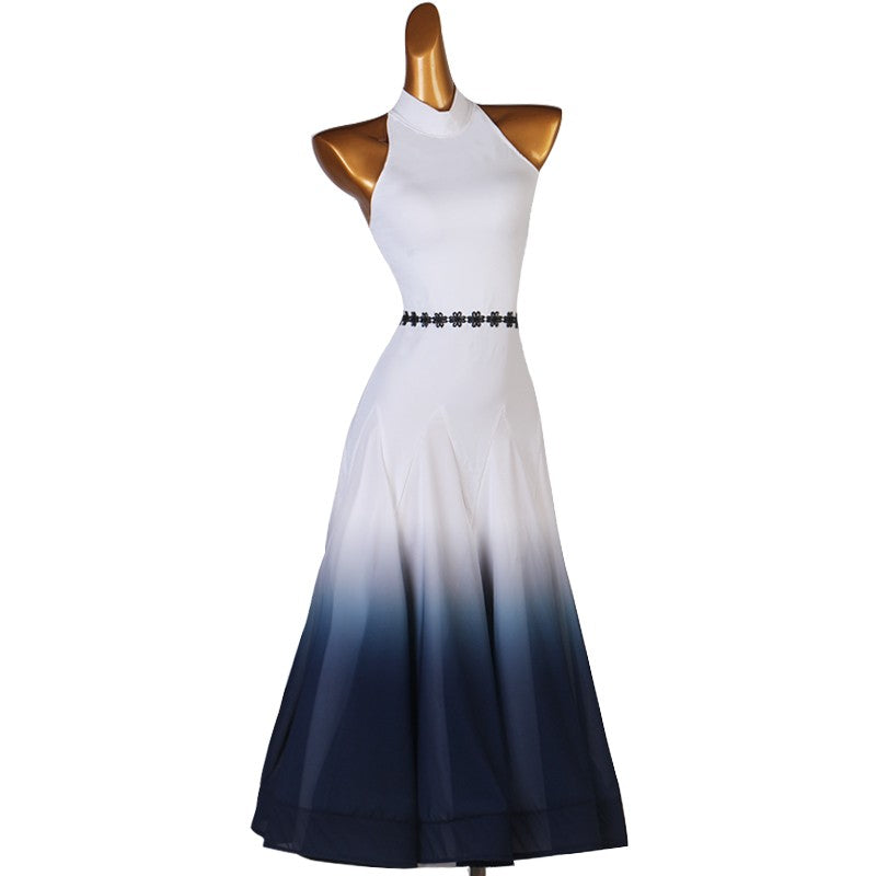 White navy gradient color ballroom dancing dress for women girls halter neck sleeves ballroom dance long skirts waltz tango dance dress - Moderndancedress.com