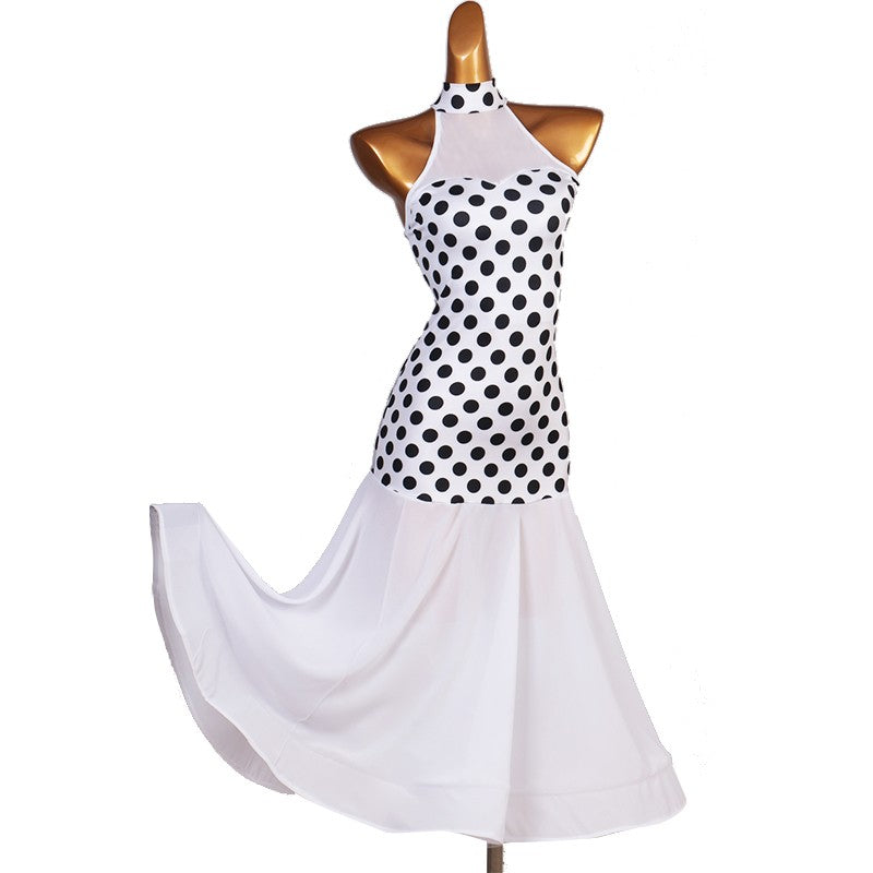 White polka dot ballroom dance dress for women tango waltz dance dress vestido de baile de lunares blanco - Moderndancedress.com