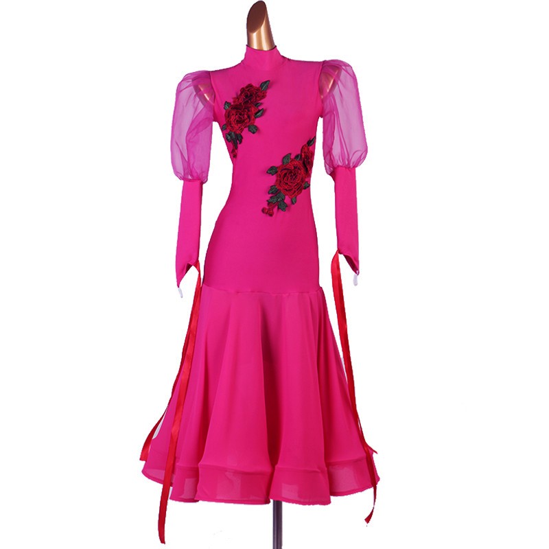 Women fuchsia rose flowers ballroom latin dance dress modern dance salsa rumba dance dress robe de danse latine pour femme - Moderndancedress.com