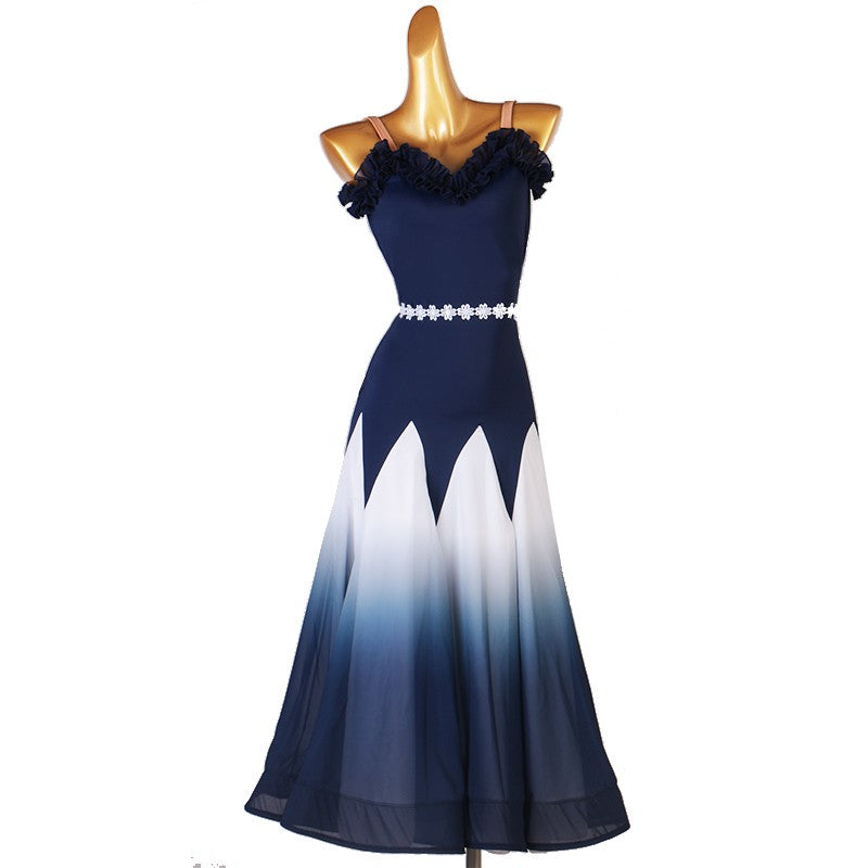 Women girls navy blue gradient color ballroom dancing dress modern dance gown stage performance waltz tango foxtort smooth dance long dress - Moderndancedress.com