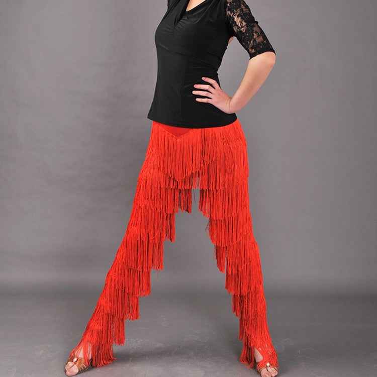 women  latin dance pants girls Red black tassel black latin Tango Dance cha cha latin dance fringe pants trousers - Moderndancedress.com