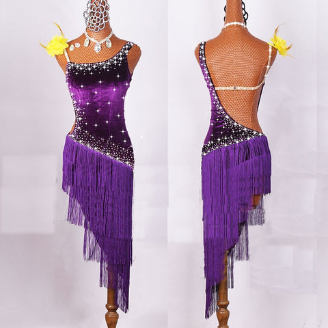 Women Latin Dancing Costumes Lycra Net Top Tassel Skirt Salsa Samba Rumba India Ladies Fringe Latin Dance Dress - Moderndancedress.com