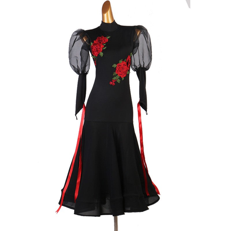 Women's black ballroom dance dress with red flowers waltz tango dance dress Robe de danse de salon noire - Moderndancedress.com