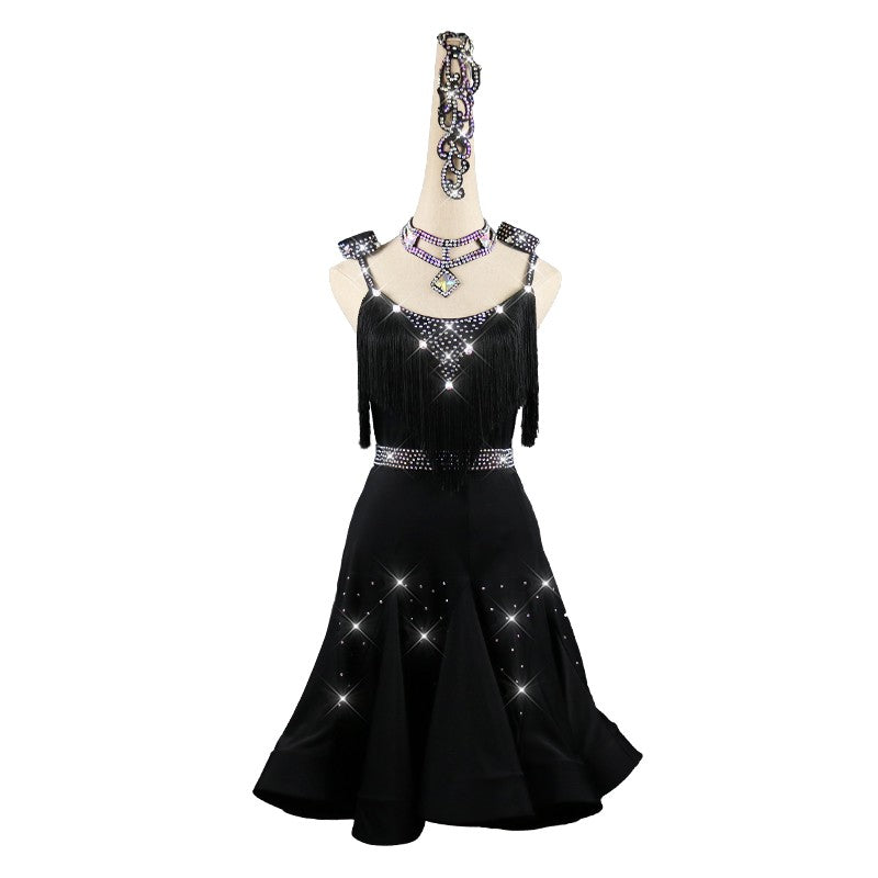 Women's black latin dresses competition rhinestones tassels latin dresses robe de compétition latine femme