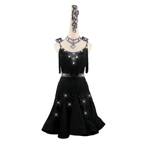Women's black latin dresses competition rhinestones tassels latin dresses robe de compétition latine femme - Moderndancedress.com