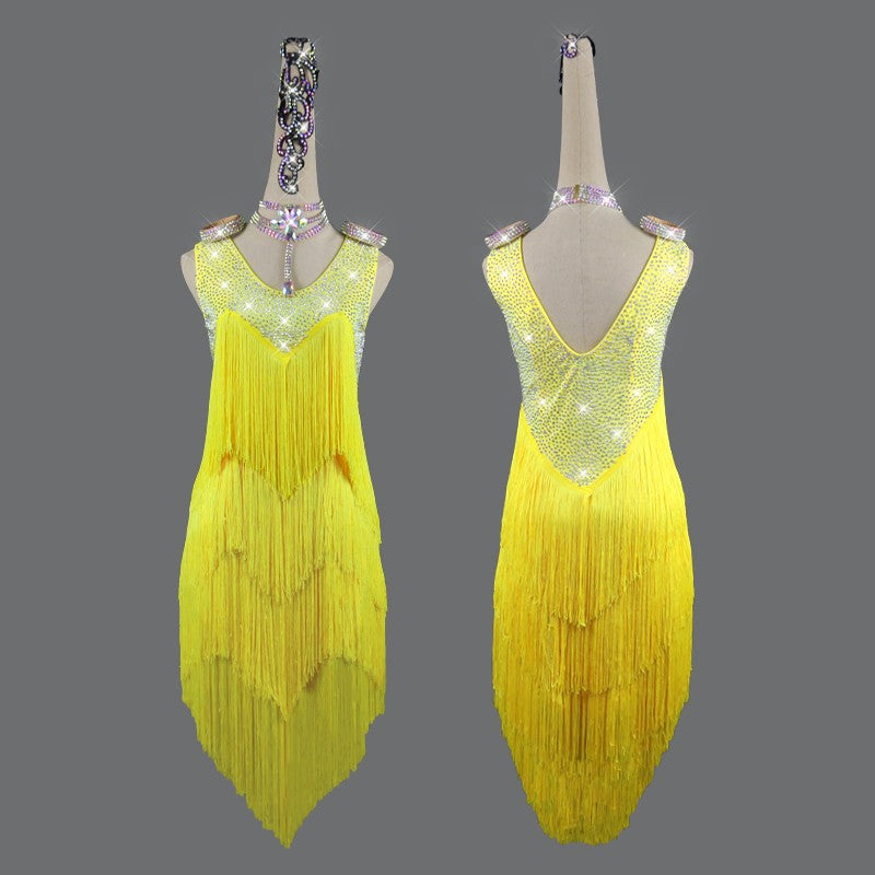 Women's competition yellow latin dance dress salsa chacha dance dress robe latine compétition jaune - Moderndancedress.com