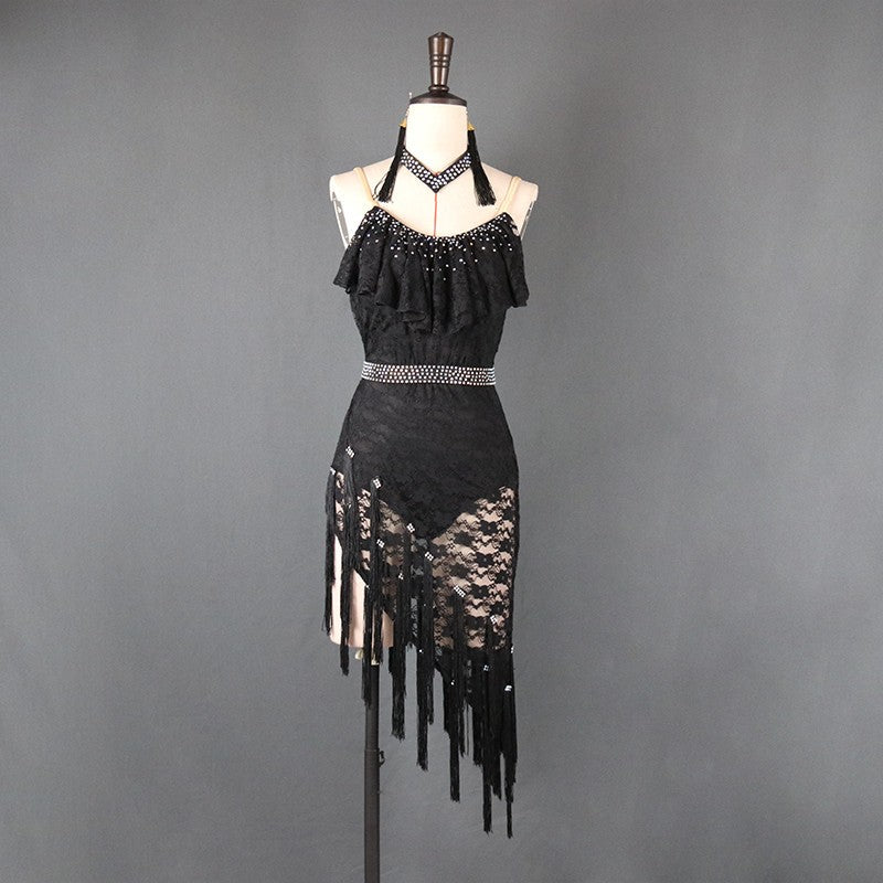 Women's lace competition latin dance dress with sashes robe de danse latine pour femme - Moderndancedress.com