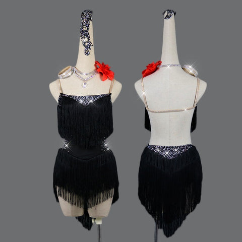 Women's tassels black latin dance dress rhinestones competition salsa rumba cha cha latin dance dress vestito latino per donna - Moderndancedress.com