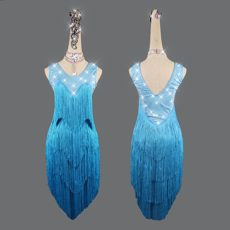 Women's turquoise competition latin dance dresses strass compétition robe latine pour femme - Moderndancedress.com